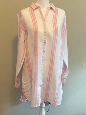 100% Linen Beach Cover-up, Pink & White Long Sleeve Shirt, Tunic Classic Sz. L